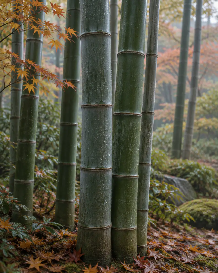 紅葉の中に立つ竹林