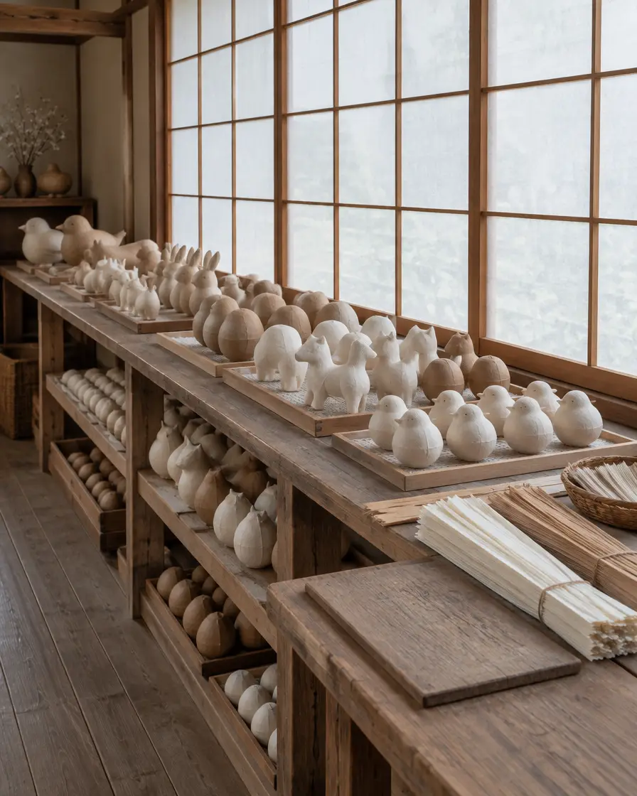 彩色前の素地が並ぶ工房の棚