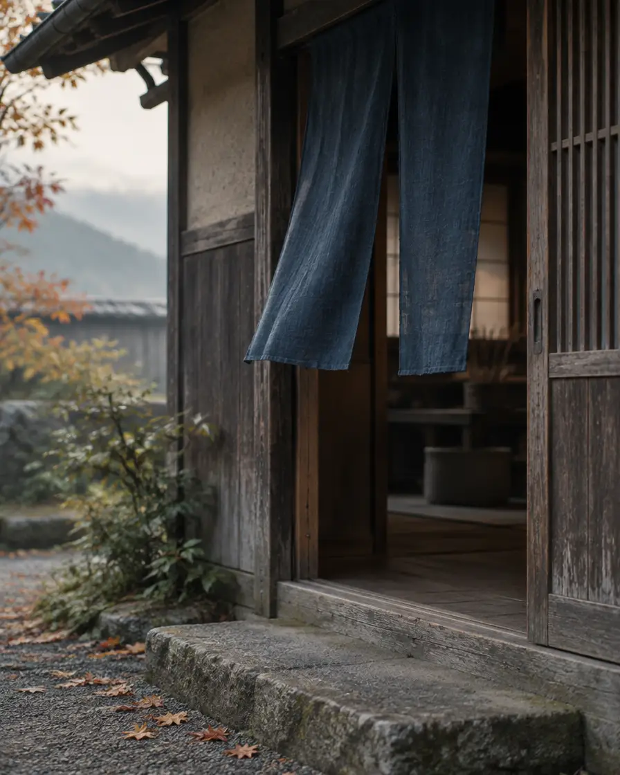 早朝の工房の入口、暖簾と木戸