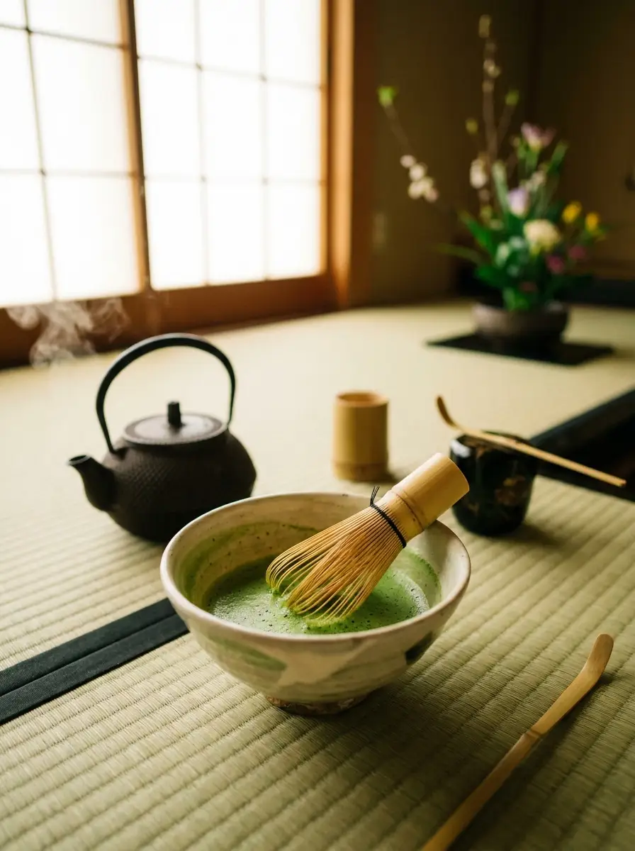 点てられた抹茶と茶筅