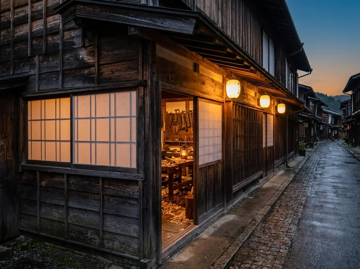 夕暮れに灯りのともる工房